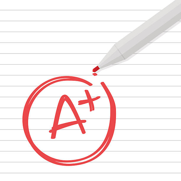 Sign A plus grade on line paper with red pen sign A plus grade written on line paper with red pen. educational test results stock illustrations