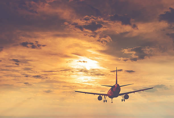 istock Silhouette of landing airplane at dawn 600683030