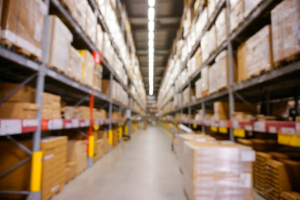 istock Blurred Background Image of Shelf in Warehouse or Storehouse. 600684038