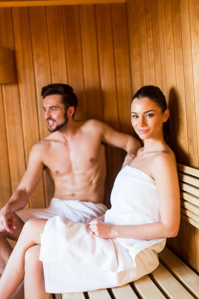 istock Young couple in the sauna 600686568