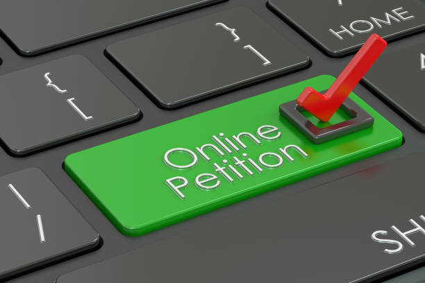online petition, green key on  keyboard. 3d rendering - petition imagens e fotografias de stock