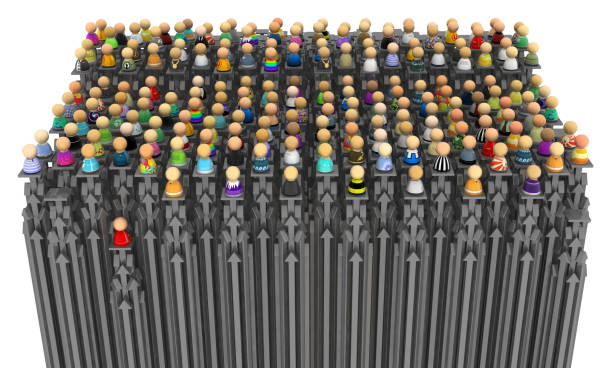 Crowd of small symbolic figures arrow pillars, 3d illustration, horizontal