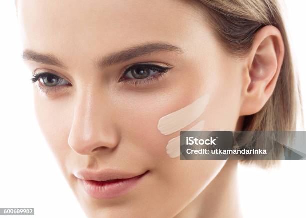 Perfect Makeup Skin Tone Cream Lines On Woman Face Stock Photo - Download Image Now