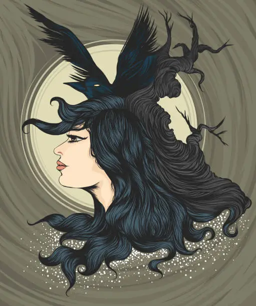 Vector illustration of Woman with crow
