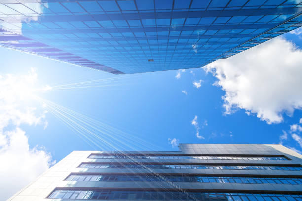 istock Bottom view of modern skyscrapers in business district 600691672