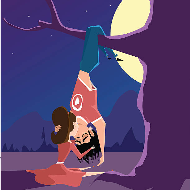 couple kissing in the woods at night. Flat illustration. Vector. couple kissing in the woods at night. Flat illustration. Vector. girl silouette forest illustration stock illustrations