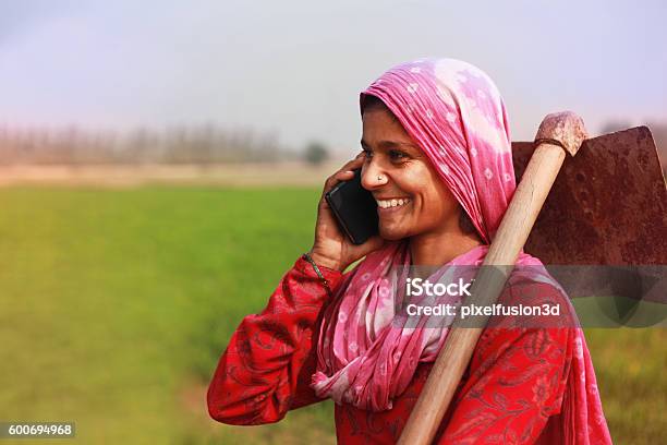 Women Farmer Talking On Smart Phone Stock Photo - Download Image Now - India, Women, Farmer