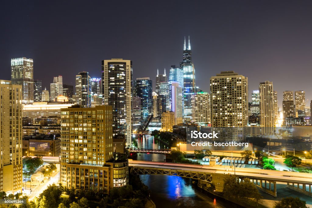 Chicago Skyline A view of the Chicago skyline and Chicago river. Built Structure Stock Photo