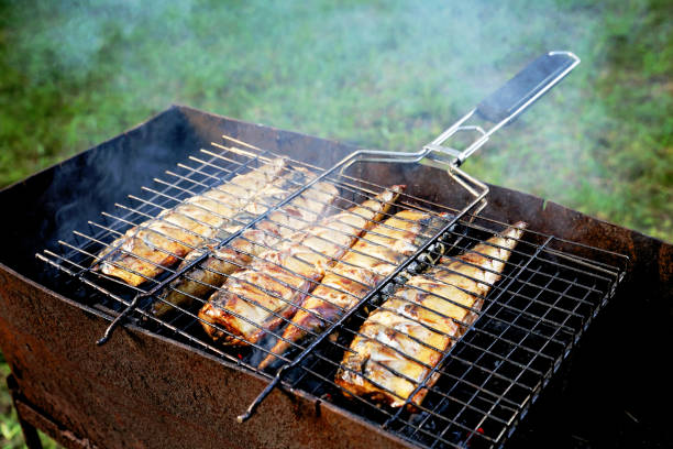 plat de poisson grillé - party barbecue grill burning healthcare and medicine photos et images de collection