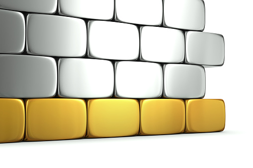 3D rendered structure created by silver bricks with unique foundation of gold bricks isolated.