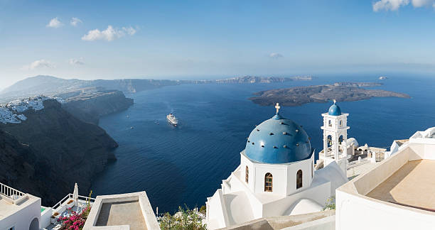 Aerial view of Imerovigli church in Santorini in Greece stock photo