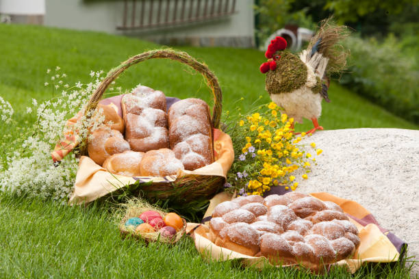 Traditional Easter sweet bread and painted eggs