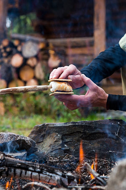 istock Hands making Smores with marshmallow and chocolate over campfire 600990448