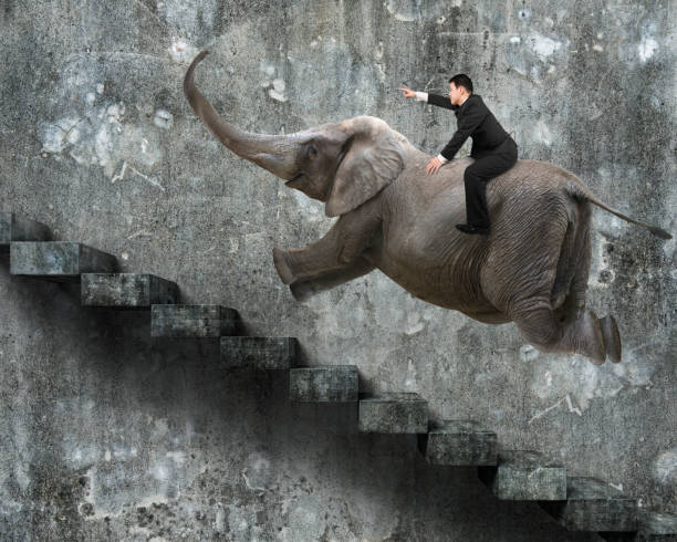istock Businessman with pointing finger gesture riding on elephant 600991436
