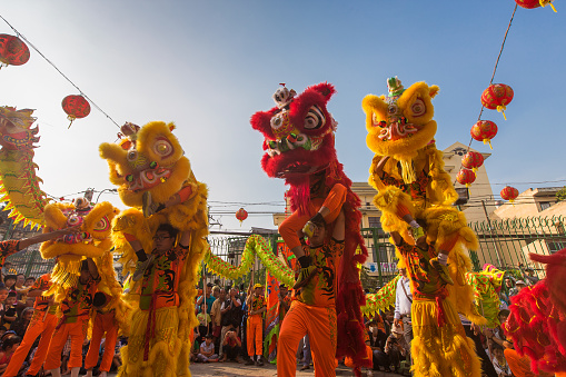 Ho Chi Minh City, Vietnam - February 18, 2015: A show of lion or dragon dance  at Pagoda, China Town, District 5, Cho Lon to praying heathty, safety and lucky during the lunar new year.