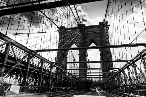 Black and White Retro Styled Image of Brooklyn Bridge, New York City, United States of America.