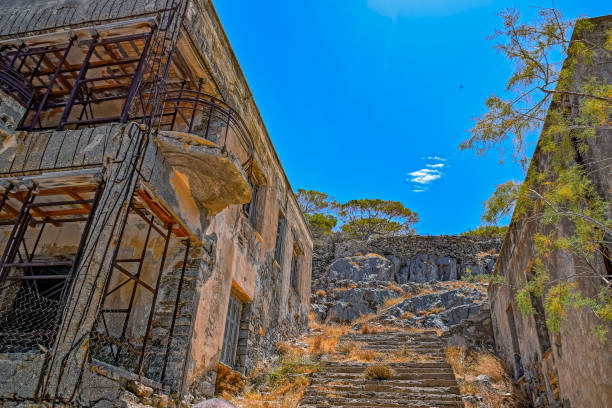 Ruins in the abandoned leper colony on Spinalonga island (also known as Kalydon), Greece.