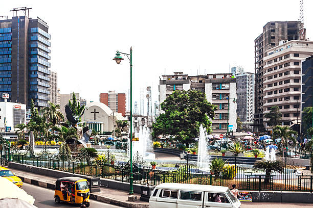 busy streets of african city. lagos, nigeria. - lagos bildbanksfoton och bilder