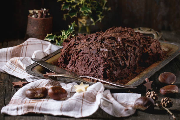 istock Homemade christmas chocolate yule log 600997208