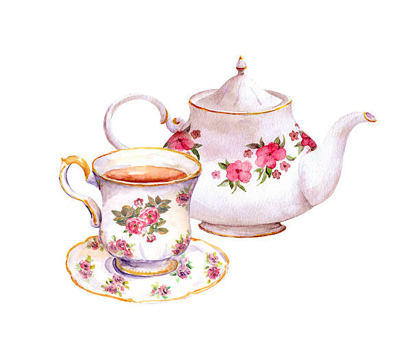 teetasse und teekanne mit blumen. aquarell - tea cup afternoon tea tea teapot stock-grafiken, -clipart, -cartoons und -symbole