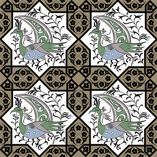 Seljuk style Iznik seamless pattern Seljuk-Turkish style Iznik tile seamless pattern design with stylized bird in octonal composition and floral decorations, repeating surface pattern for all web and print purposes. tree repetition single flower flower stock illustrations