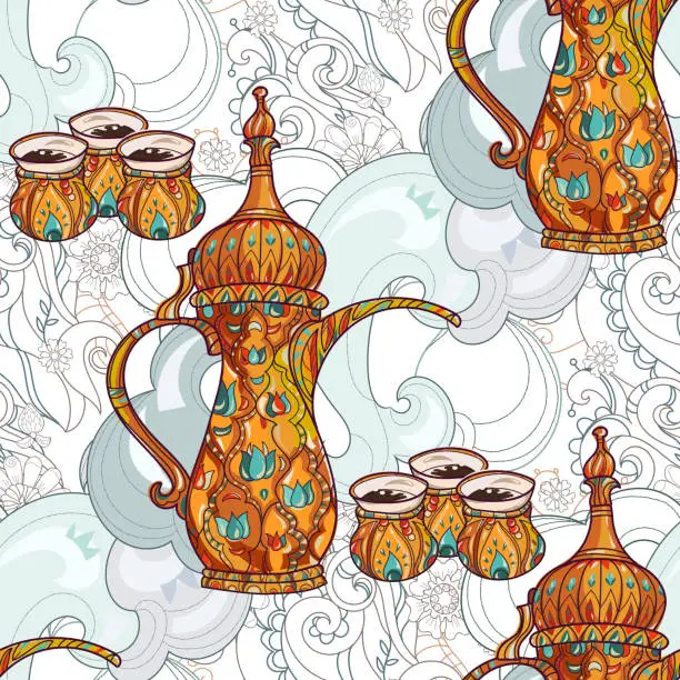 Vector illustration of Arabic coffee maker dalla with cups.