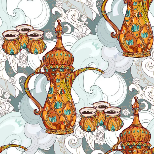 Vector illustration of Arabic coffee maker dalla with cups.