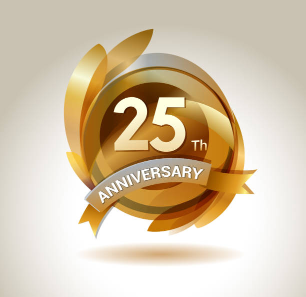 illustrazioni stock, clip art, cartoni animati e icone di tendenza di logo del nastro del 25° anniversario con cerchio dorato ed elementi grafici - 25 29 anni