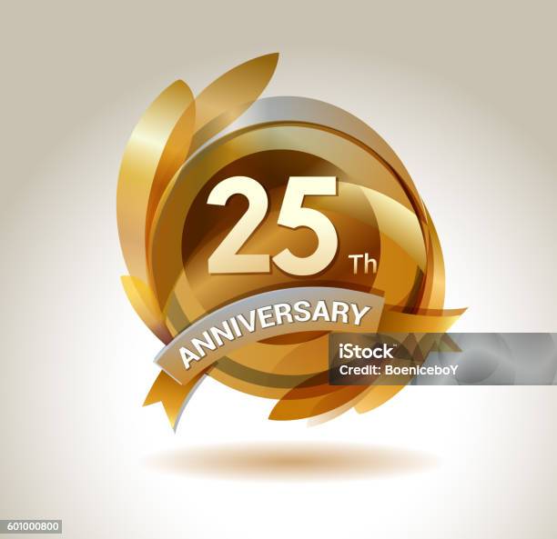 25th Anniversary Ribbon Logo With Golden Circle And Graphic Elements Stock Illustration - Download Image Now