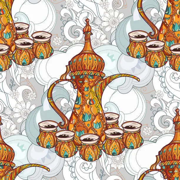 Vector illustration of Arabic coffee maker dalla with cups.