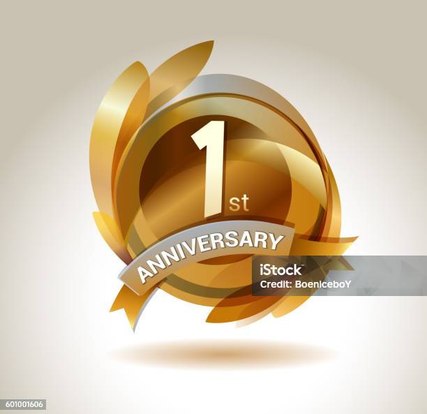 1st Anniversary Ribbon Logo With Golden Circle And Graphic Elements Stock Illustration - Download Image Now