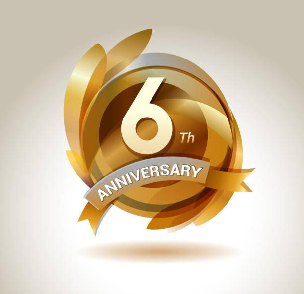 6th anniversary ribbon logo with golden circle and graphic elements anniversary logo gold series 6 7 years stock illustrations