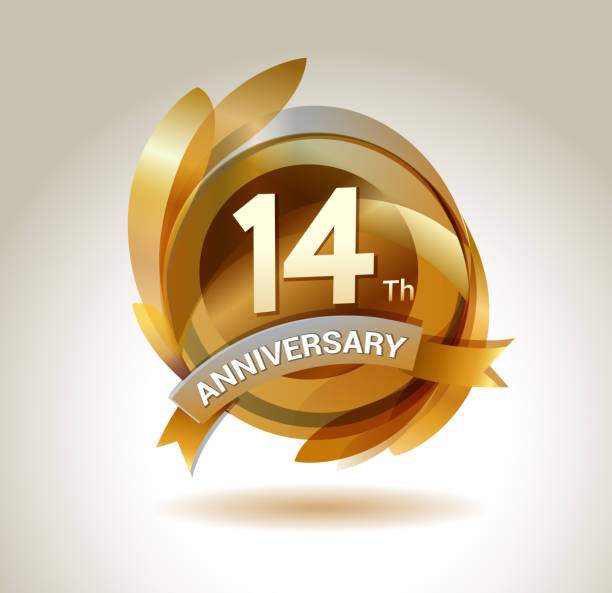 14 rocznica wstążki logo ze złotym kółkiem i elementów graficznych - tree ring stock illustrations