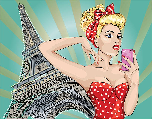Pin-up sexy woman with phone near Eiffel Tower in Paris Pin-up sexy woman takes selfie on her phone near Eiffel Tower in Paris. Pop Art vector illustration fine art portrait pin up girl glamour beauty stock illustrations