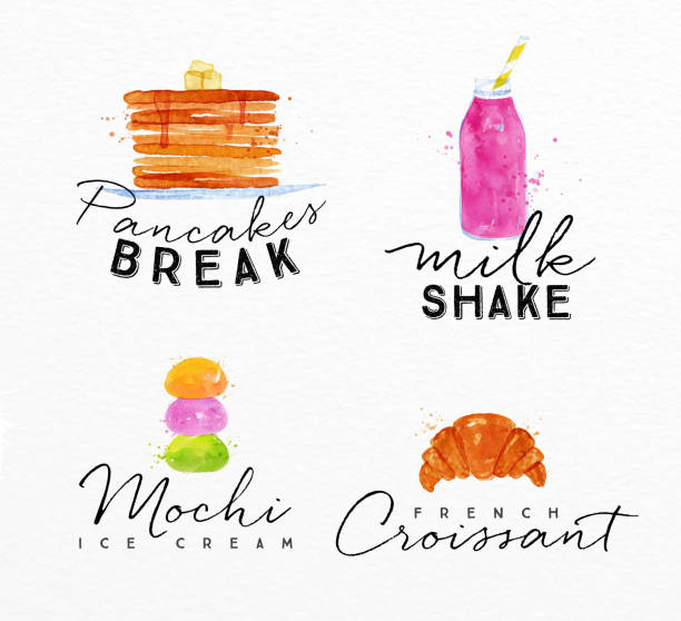 ilustraciones, imágenes clip art, dibujos animados e iconos de stock de croissant etiqueta de acuarela - pancake illustration and painting food vector