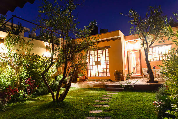 Mexican house Night scene of mexican house in Morelia Michoacan. colourful mexican houses stock pictures, royalty-free photos & images