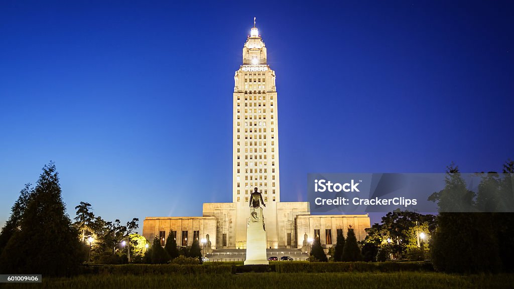 Louisiana State Capitol Building in Baton Rouge at Night Louisiana State Capitol Building against clear sky at night in Baton Rouge Louisiana State Capitol Stock Photo