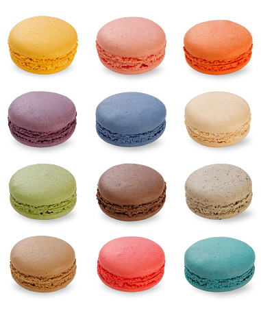 French colorful macarons isolated on white with clipping path