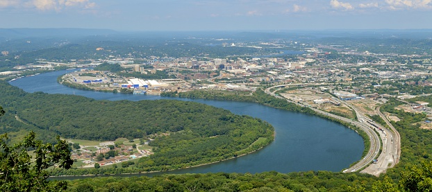 Panorama of Chattanooga, Tennessee from Lookout Mountain with the Tennessee River in the foreground.