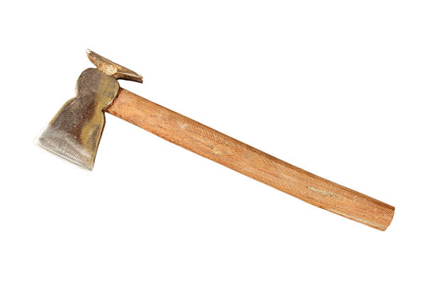 istock Used Ax with wooden handle isolated on white background 601017004