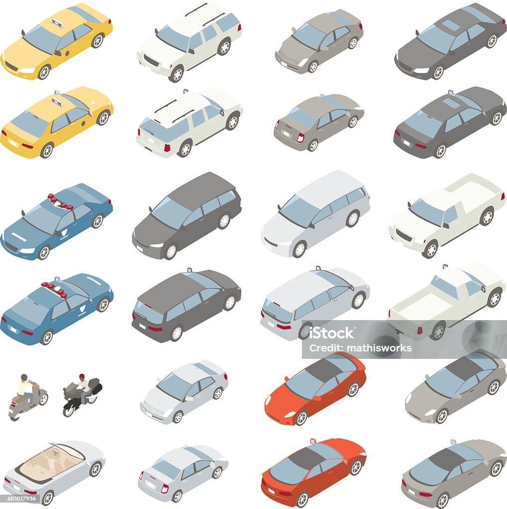 Flat isometric cars A variety of private passenger vehicles are illustrated in isometric view. Vector SUV, minivan, midsize sedan, sports car, large sedan, taxi, police car and pickup truck are shown from the front and from the back. A convertible, moped, and motorcycle are also included in the set of vector illustrations. Vehicles do not represent specific makes or models. Car stock vector