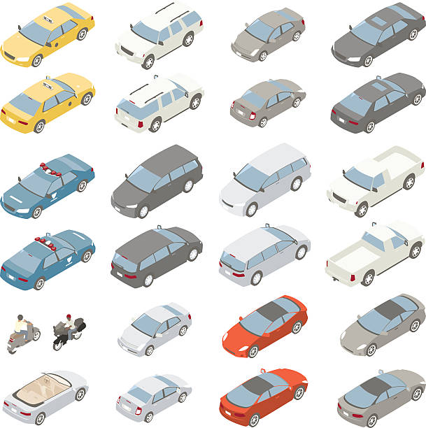 Flat isometric cars A variety of private passenger vehicles are illustrated in isometric view. Vector SUV, minivan, midsize sedan, sports car, large sedan, taxi, police car and pickup truck are shown from the front and from the back. A convertible, moped, and motorcycle are also included in the set of vector illustrations. Vehicles do not represent specific makes or models. sports utility vehicle illustrations stock illustrations