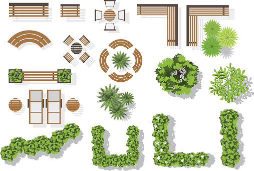 Set of vector wooden benches and treetop symbols. Collection for landscaping, top view, plan,