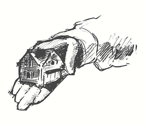 dom ludzkie ręce tło narysowane szkic wektorowy. - house home interior small human hand stock illustrations