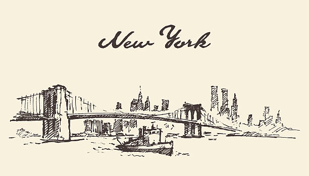 illustrations, cliparts, dessins animés et icônes de pont de manhattan new york us vector dessiné. - engraving engraved image coastline illustration and painting