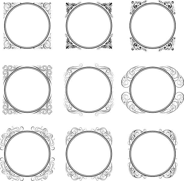 ilustraciones, imágenes clip art, dibujos animados e iconos de stock de marcos ornamentales de la esquina del círculo - baroque style rococo style single line frame