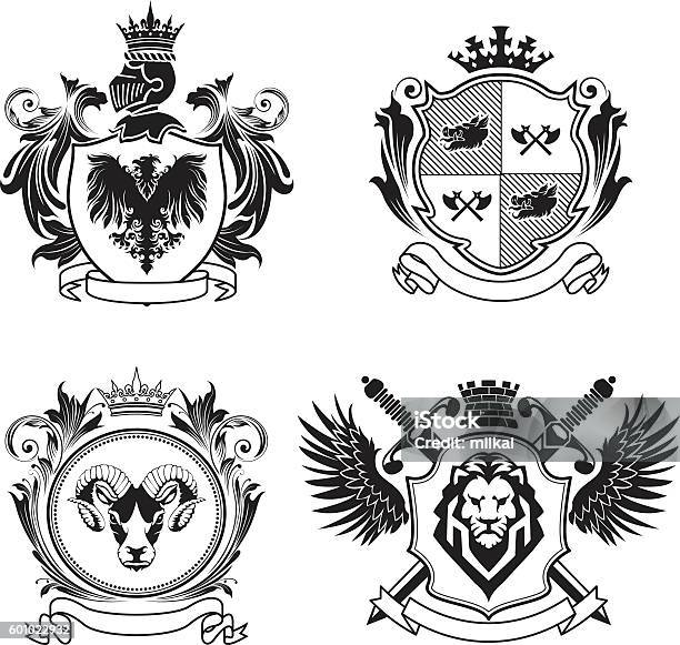 Ilustración de Escudo De Cuatro Armas y más Vectores Libres de Derechos de Escudo de armas - Escudo de armas, Cresta - Parte del cuerpo animal, Retro