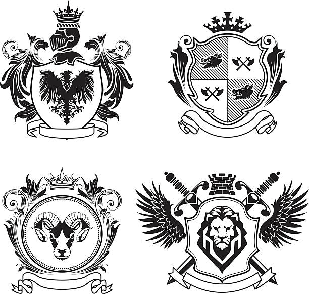 Four coat of arms Collection of four coat of arms. The first top left is a shield with an eagle on it and above his knights helmet with crown and a wreath of leaves for decoration of both side. Bottom blank banner message.Back top right consists of a shield with a crown at the top divided into four which is boar's head and crossed axes, wreath of leaves for decoration of both side and bottom blank banner message.Bottom left is a round shield with the head of a ram on it at the top has a crown, and on both sides with wreaths and below a blank banner message.Bottom right is a shield with a lion's head on it, two crossed swords behind him and a stone tower at the top and two outstretched wings on both sides with a blank banner message below. animals crest stock illustrations