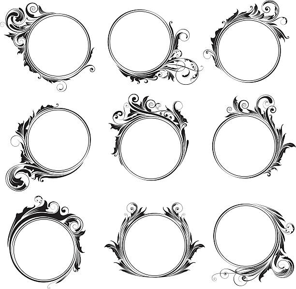 Set ornamental circle frames Collection of nine simple circle shaped frames decorated with different forms and design swirl floral ornaments.File contain EPS8 and large JPEG. retro revival vector illustration and painting swirl stock illustrations