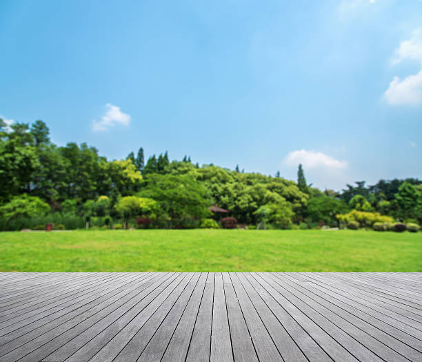 istock Wooden platform with green field defocused abstract background 601026242